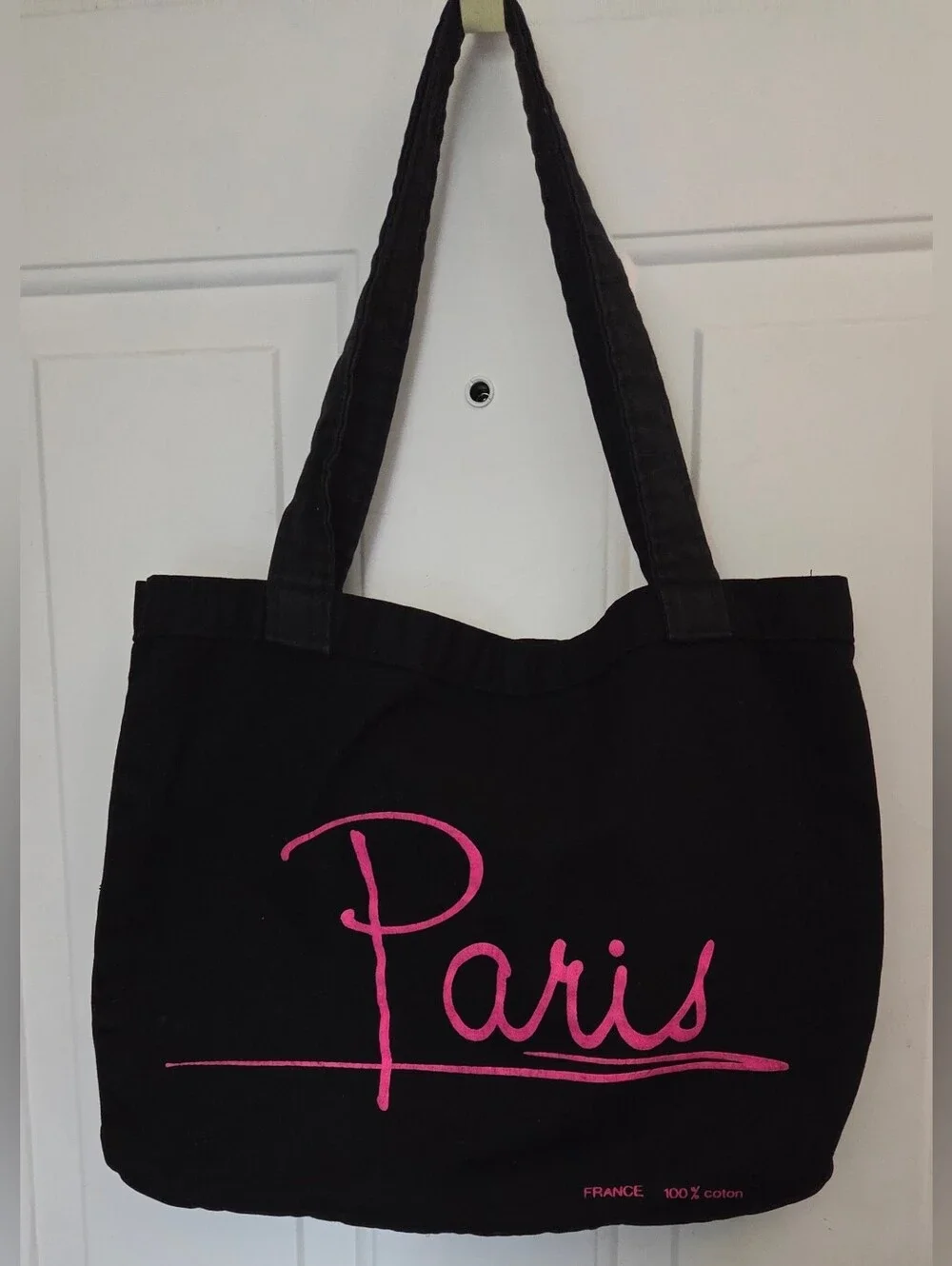 Black Canvas Tote Bag with Pink 'Paris' Script